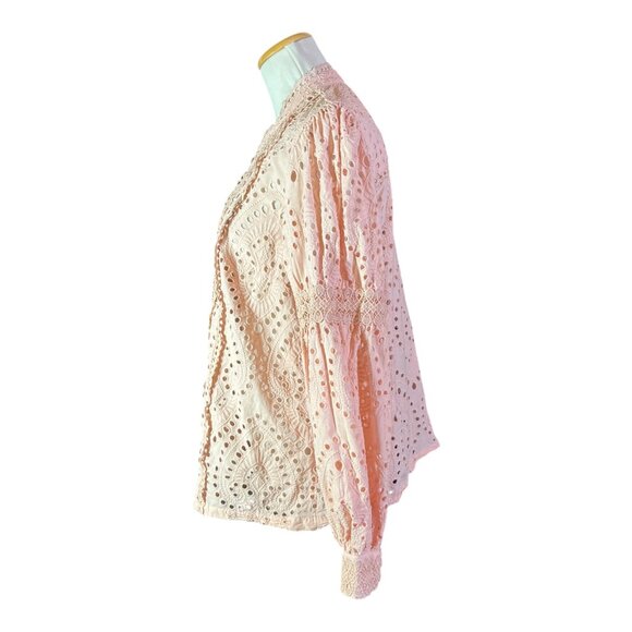 Boston Proper Size L Button-Front Eyelet Lace Blouse Pink - Picture 5 of 8